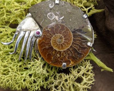 Sterling silver Ammonite Brooch with Ruby eye